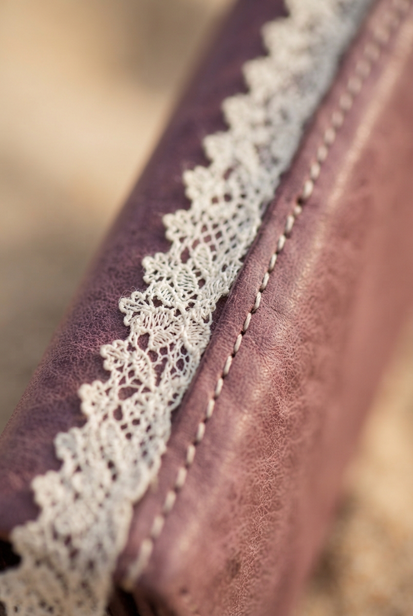 Close-up of cream lace trim and stitching along a mauve leather seam.