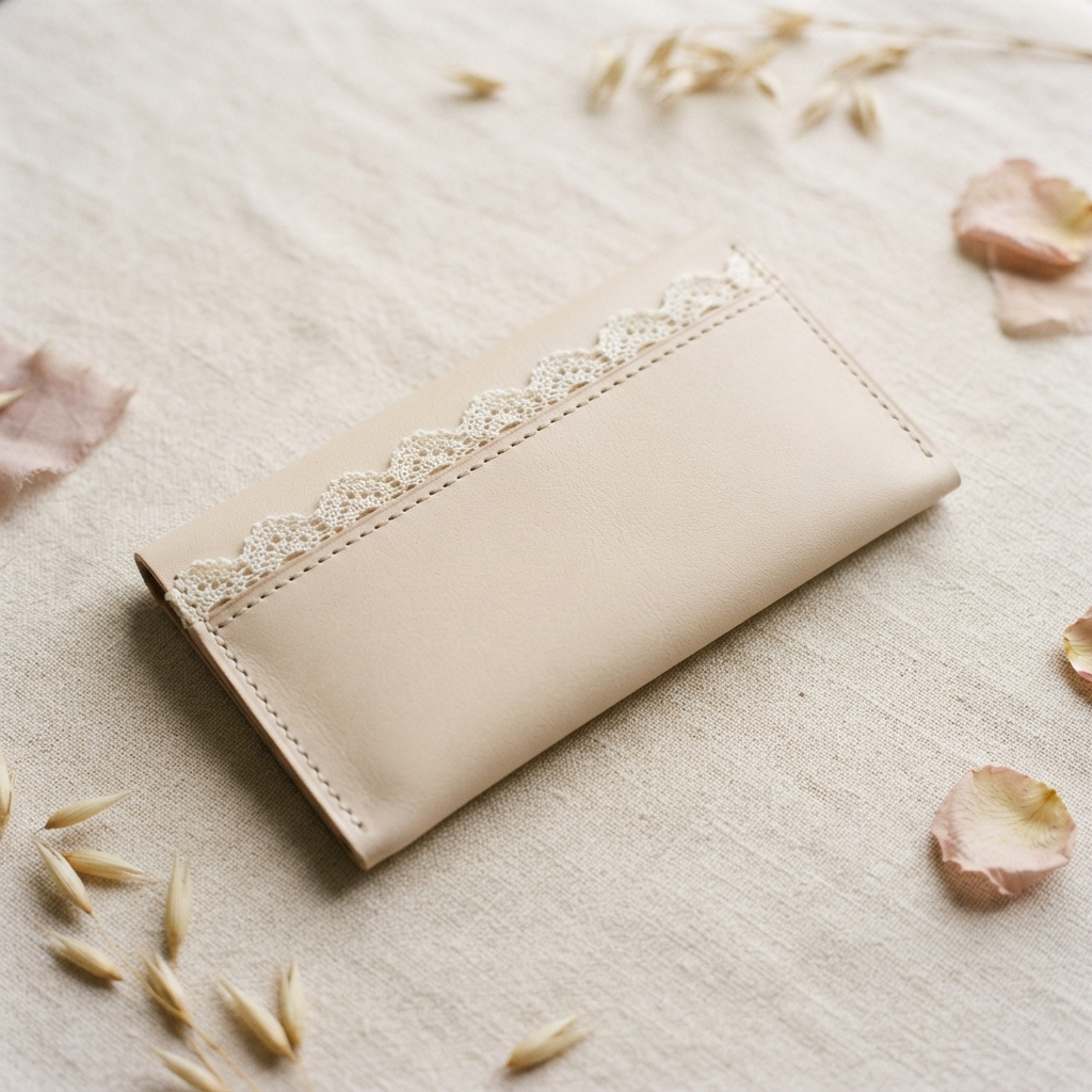 Cream leather case with lace trim lying diagonally on fabric among dried seeds and flower petals.