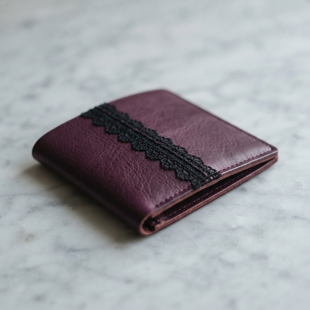 Closed burgundy leather case with a black lace band on a gray stone surface.
