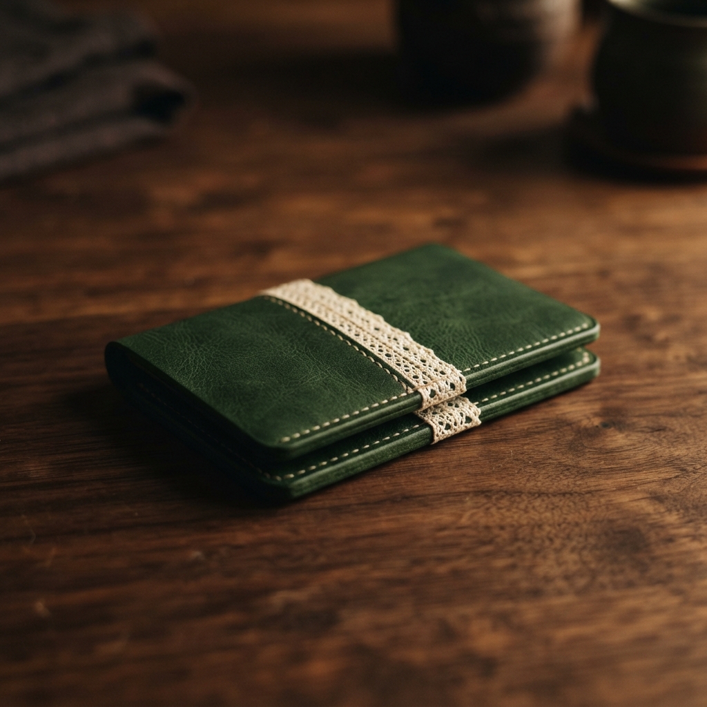 Closed green leather notebook wrapped with a cream crocheted band on a wooden table.