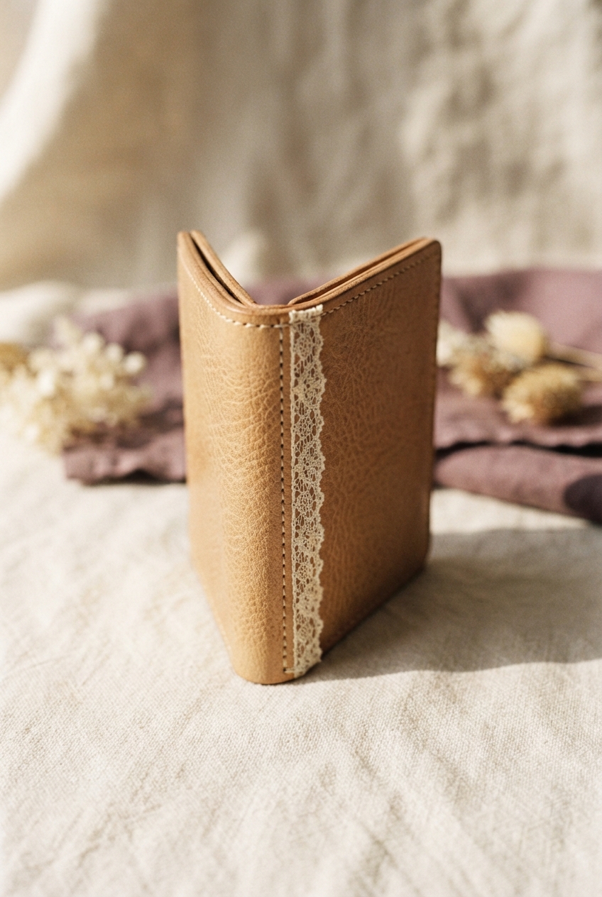 Upright tan leather wallet with a cream lace strip, photographed on fabric beside blurred dried flowers.