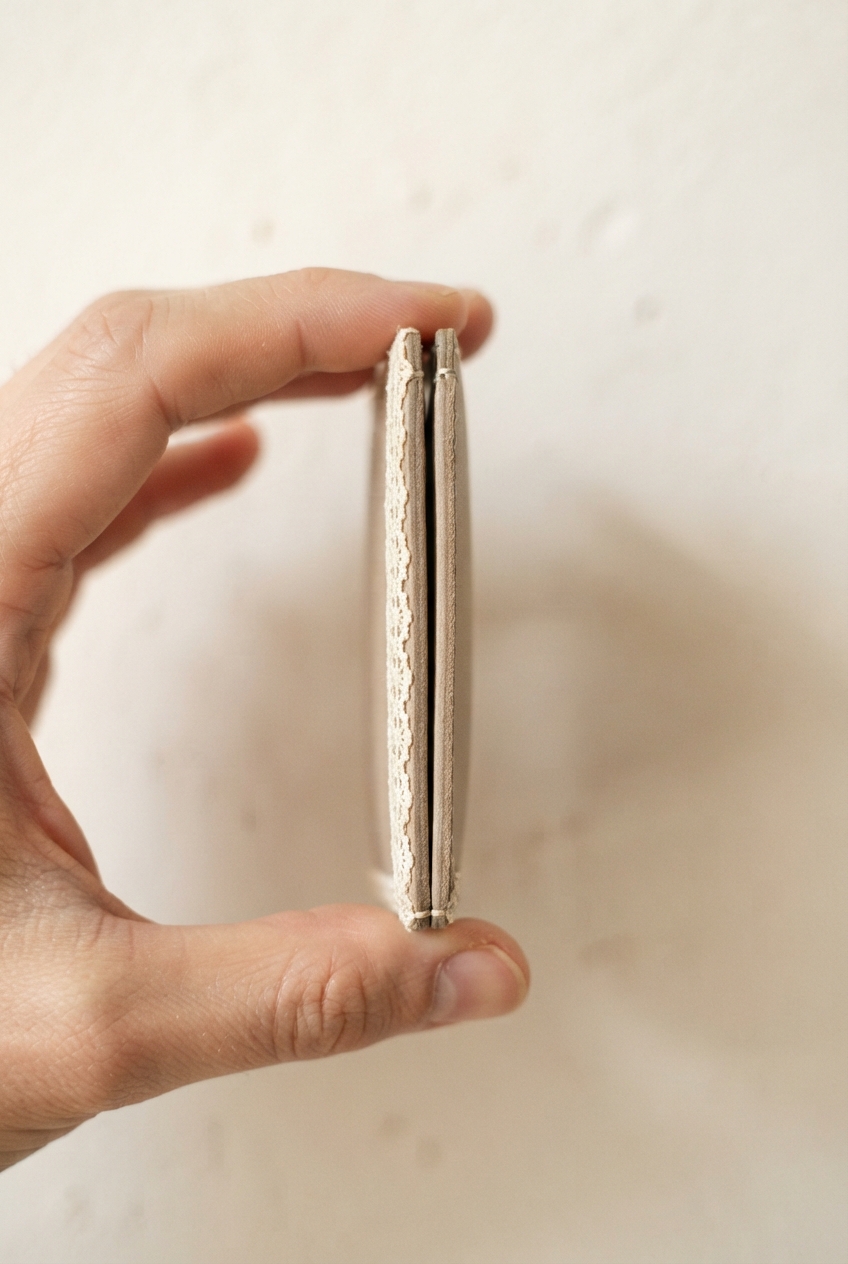 Hand holding a thin textured book or booklet upright, viewed from its narrow edge.