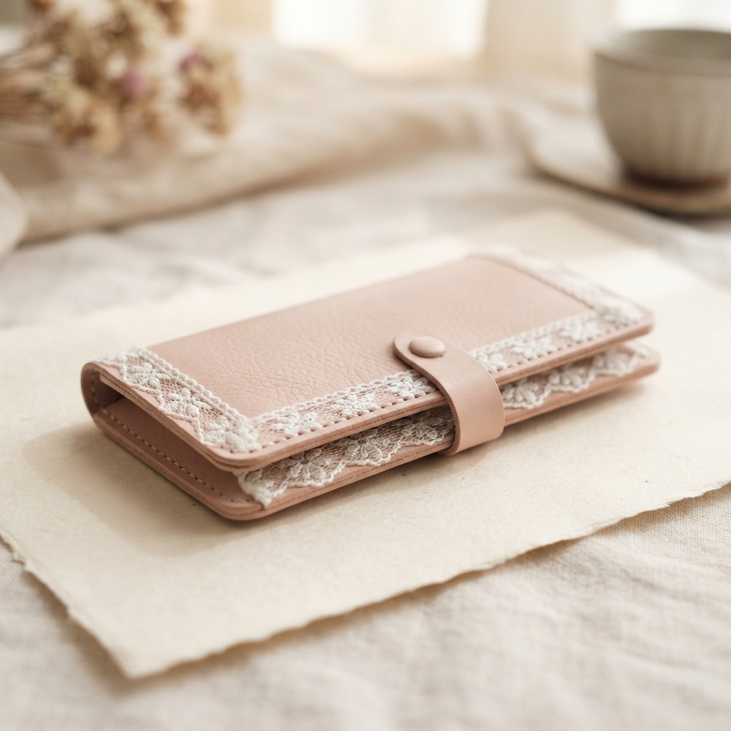 Pink leather lace-trimmed notebook with a button strap on cream paper beside a blurred cup and dried flowers.